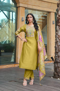 Mustard cotton silk embroidered kurta set with dupatta, full cotton lining, and 54-inch length.