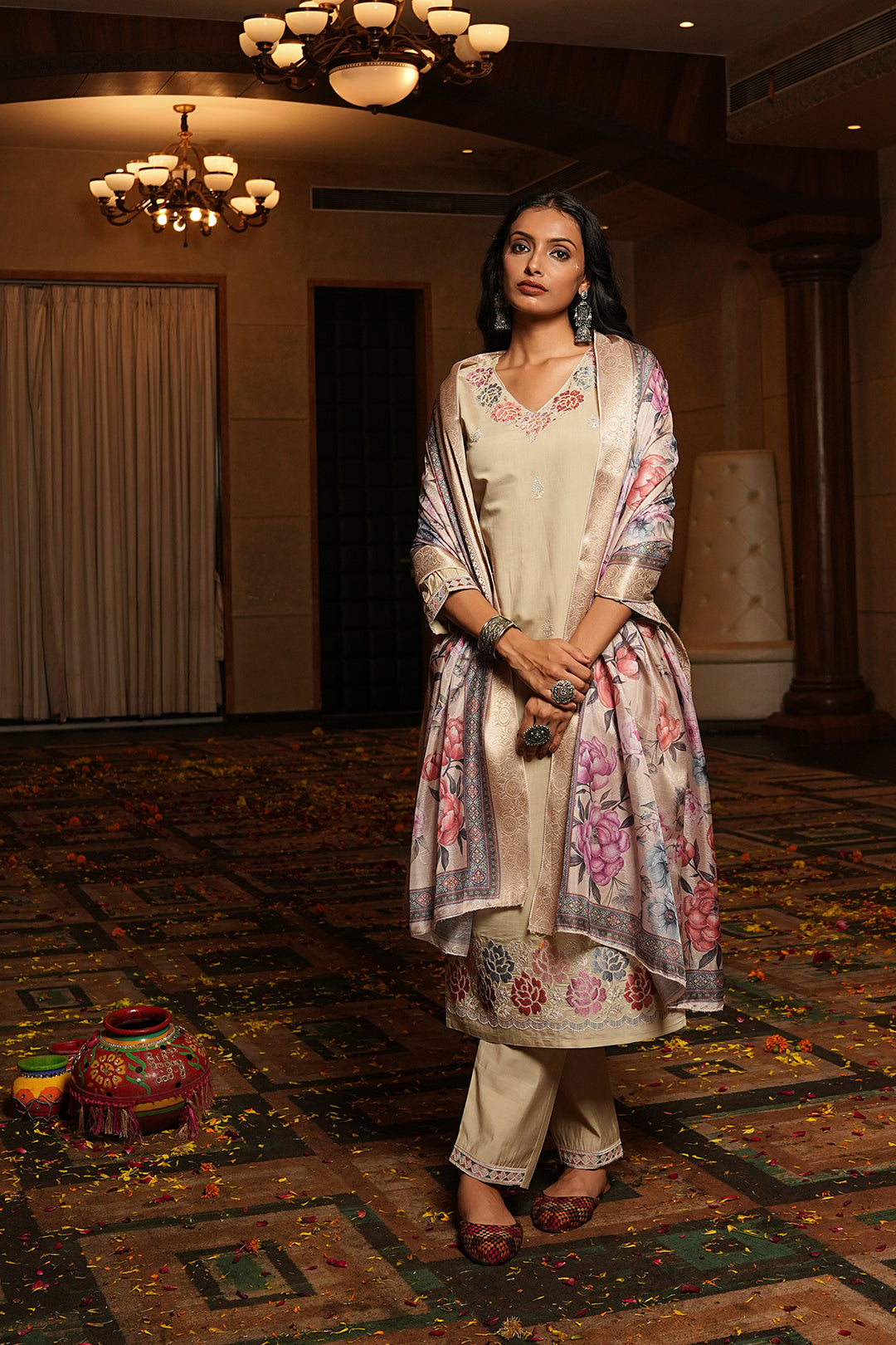 Jyoti Fashion Cream Cotton Silk Embroidered Designer Kurta Set with Dupatta