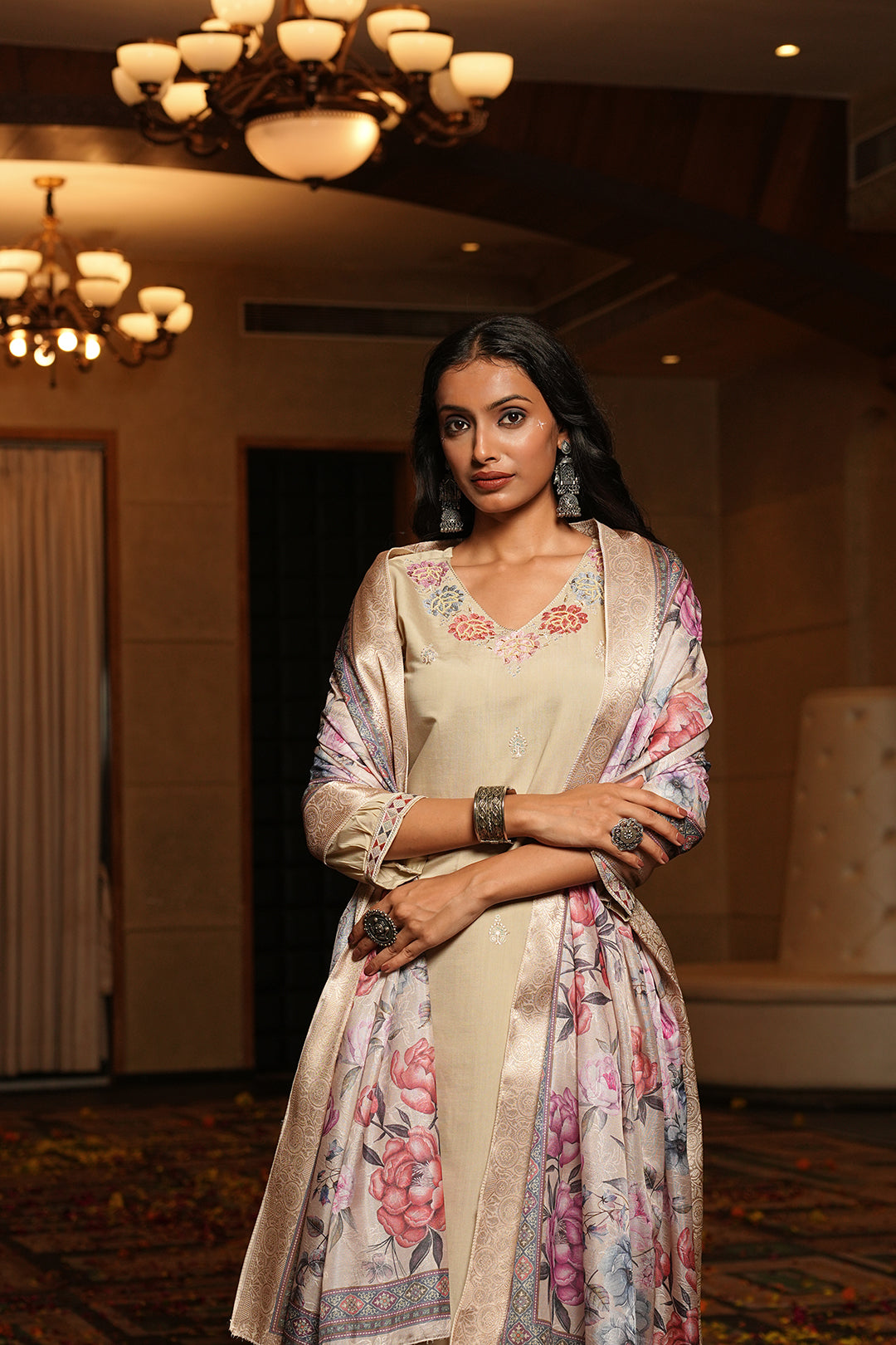Jyoti Fashion Cream Cotton Silk Embroidered Designer Kurta Set with Dupatta