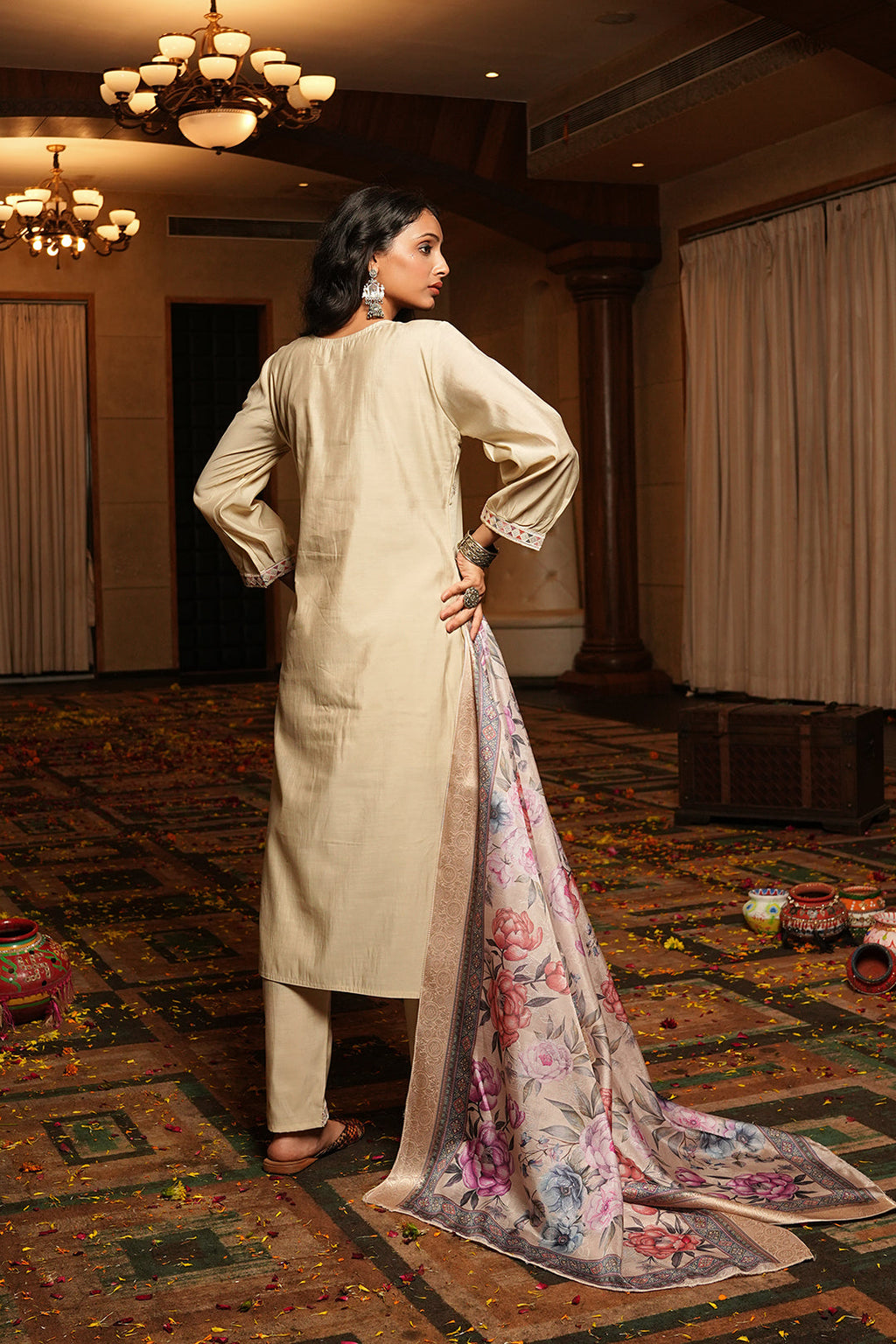 Cream Cotton Silk Bead Embroidered Kurta Set with Dupatta