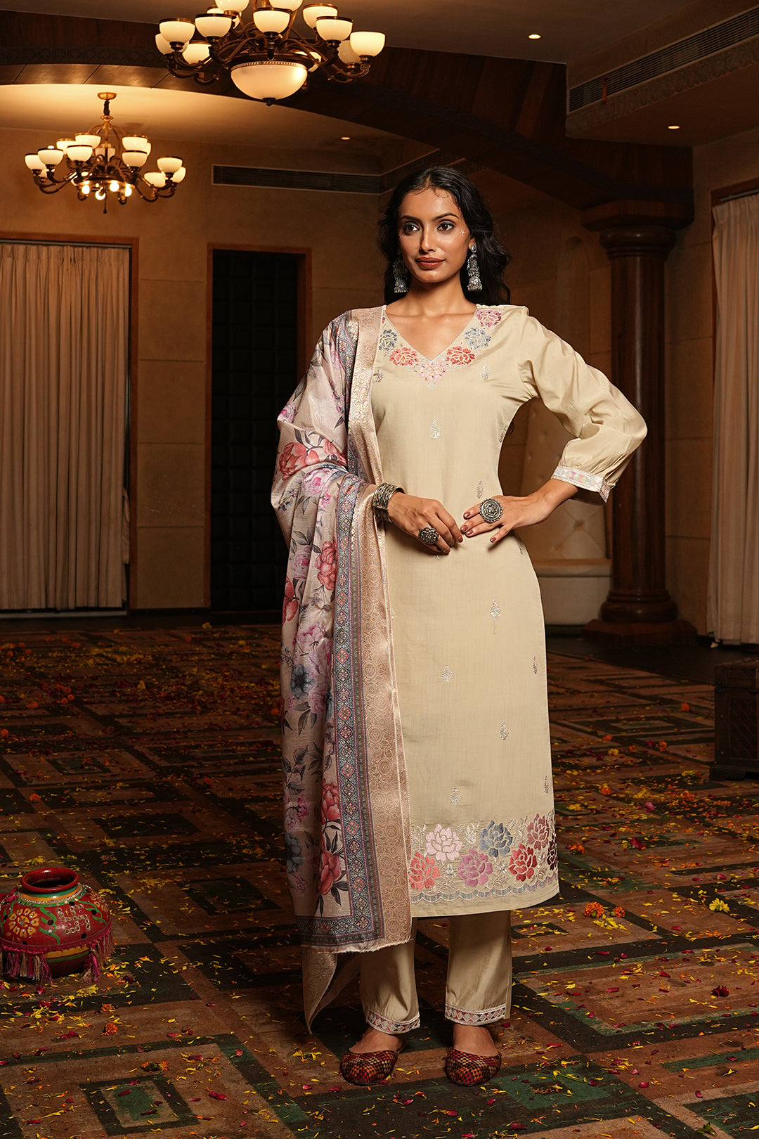 Jyoti Fashion Cream Cotton Silk Embroidered Designer Kurta Set with Dupatta