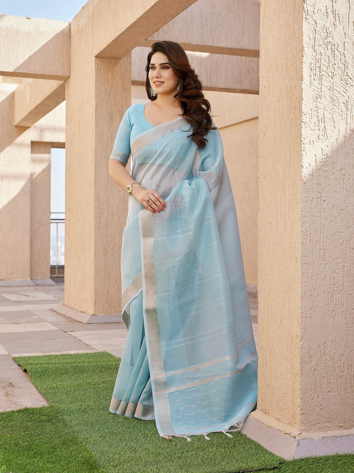 Sky Blue Soft Tissue Linen Silk Zari Woven Saree with Blouse