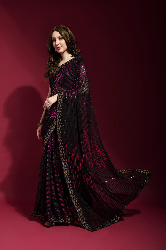 Wine Georgette Saree with Elegant Sequence Embroidery