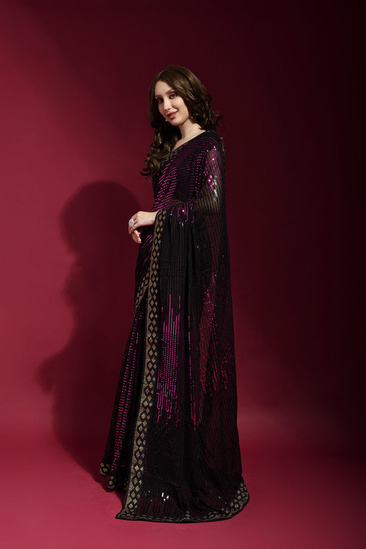 Wine Georgette Saree with Elegant Sequence Embroidery