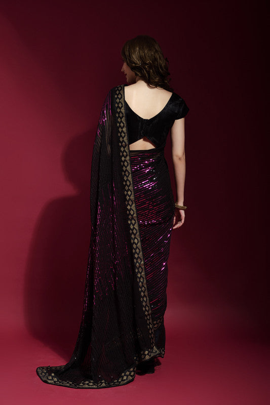 Wine Georgette Saree with Elegant Sequence Embroidery