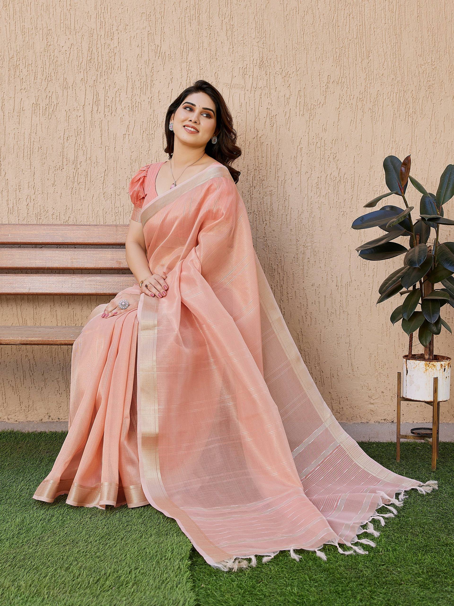Peach Soft Tissue Linen Silk Saree with Zari Woven Border