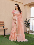 Elegant peach soft tissue linen silk saree with Zari woven border