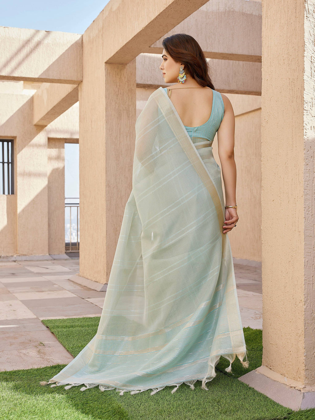 Sea Green Soft Tissue Linen Silk Zari Woven Saree with Blouse