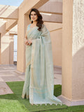 Sea Green Soft Tissue Linen Silk saree with intricate Zari woven details.