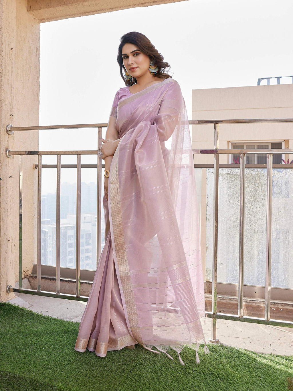 Purple Soft Tissue Linen Silk Zari Woven Saree with Blouse Piece