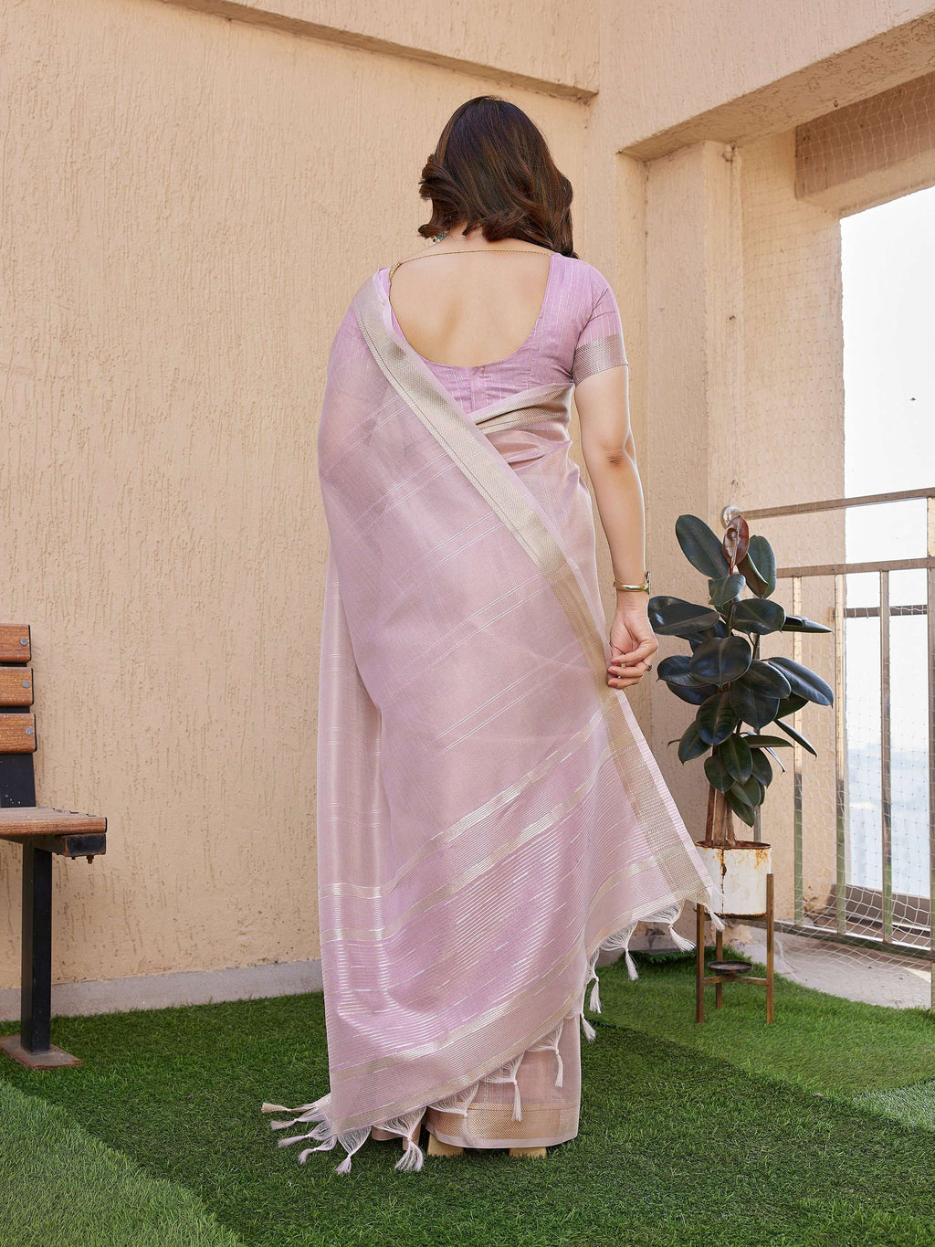 Purple Soft Tissue Linen Silk Zari Woven Saree with Blouse Piece