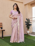 Purple soft tissue linen silk saree with intricate zari weaving and matching blouse piece