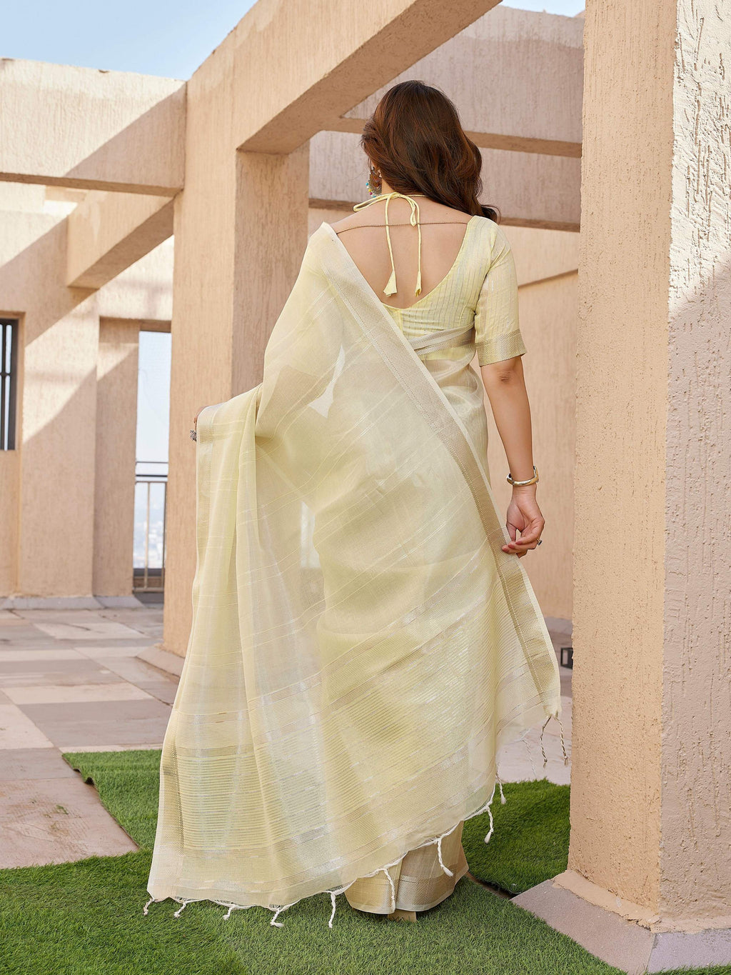 Yellow Soft Tissue Linen Silk Zari Woven Saree with Blouse