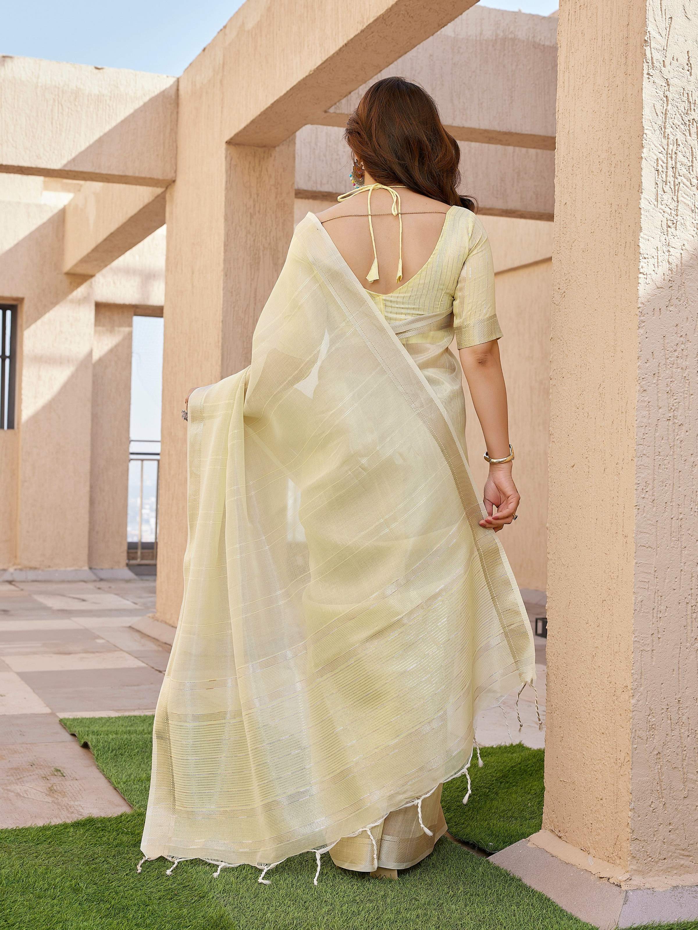 Yellow Soft Tissue Linen Silk Zari Woven Saree with Blouse