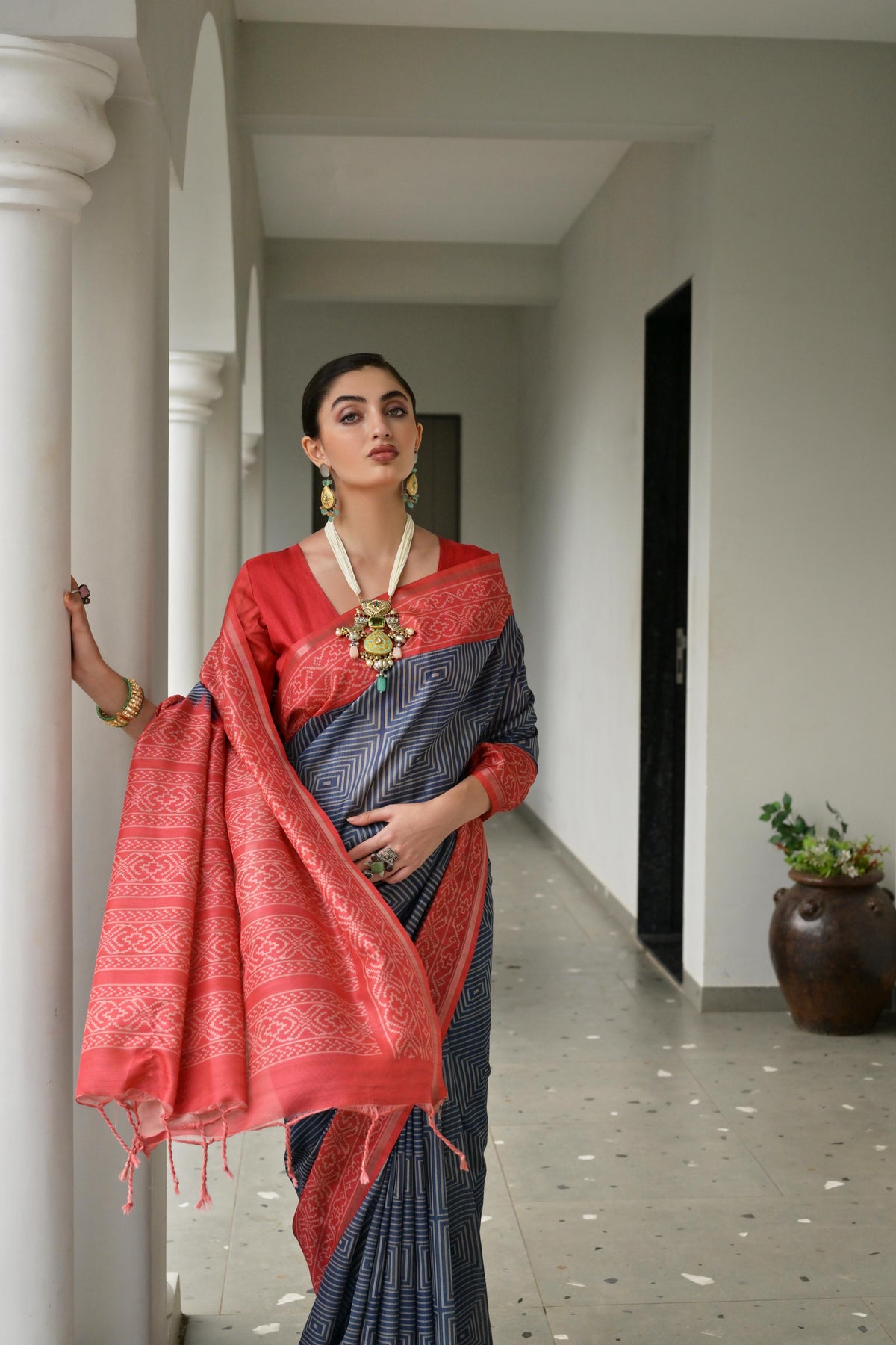 Navy Blue Soft Tussar Silk Ikkat Printed Saree with Blouse