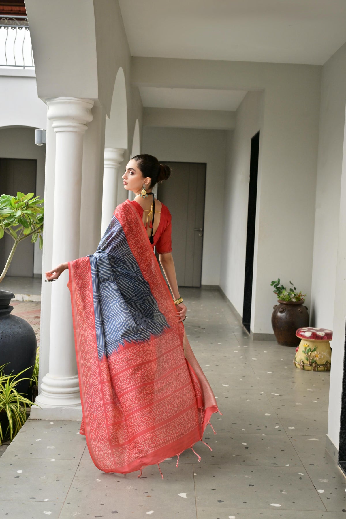 Navy Blue Soft Tussar Silk Ikkat Printed Saree with Blouse