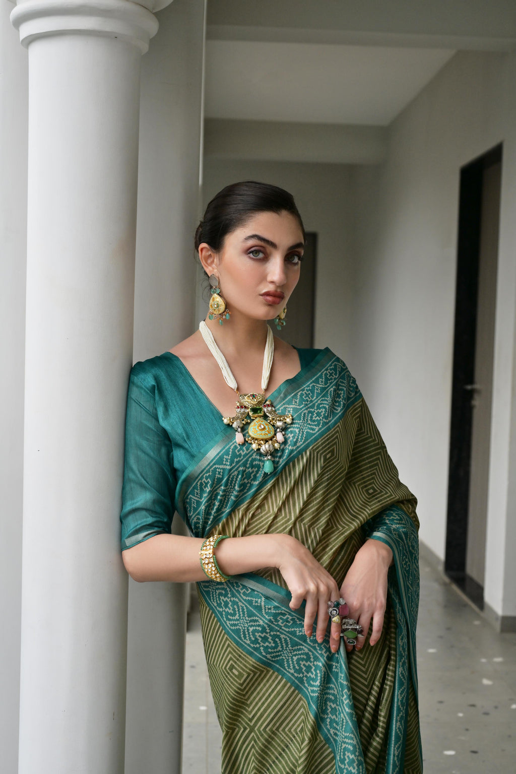 Women's Mehendi Soft Tussar Silk Saree with Ikkat Print & Blouse