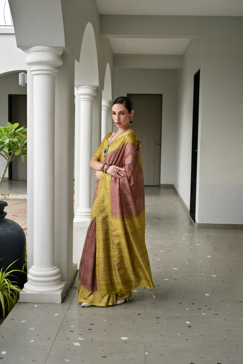 Maroon Soft Tussar Silk Ikkat Printed Saree with Blouse Piece