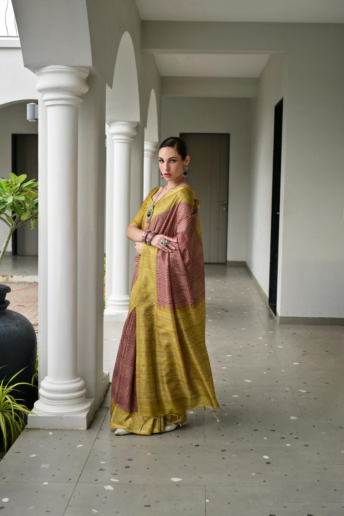 Maroon Soft Tussar Silk Ikkat Printed Saree with Blouse Piece