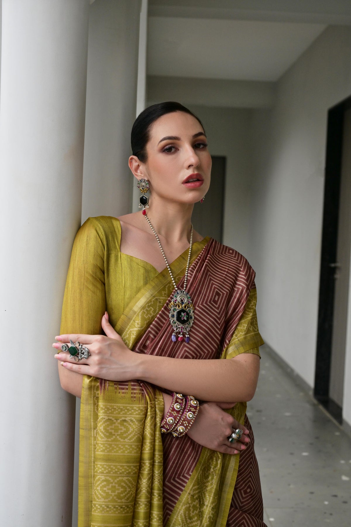 Maroon Soft Tussar Silk Ikkat Printed Saree with Blouse Piece