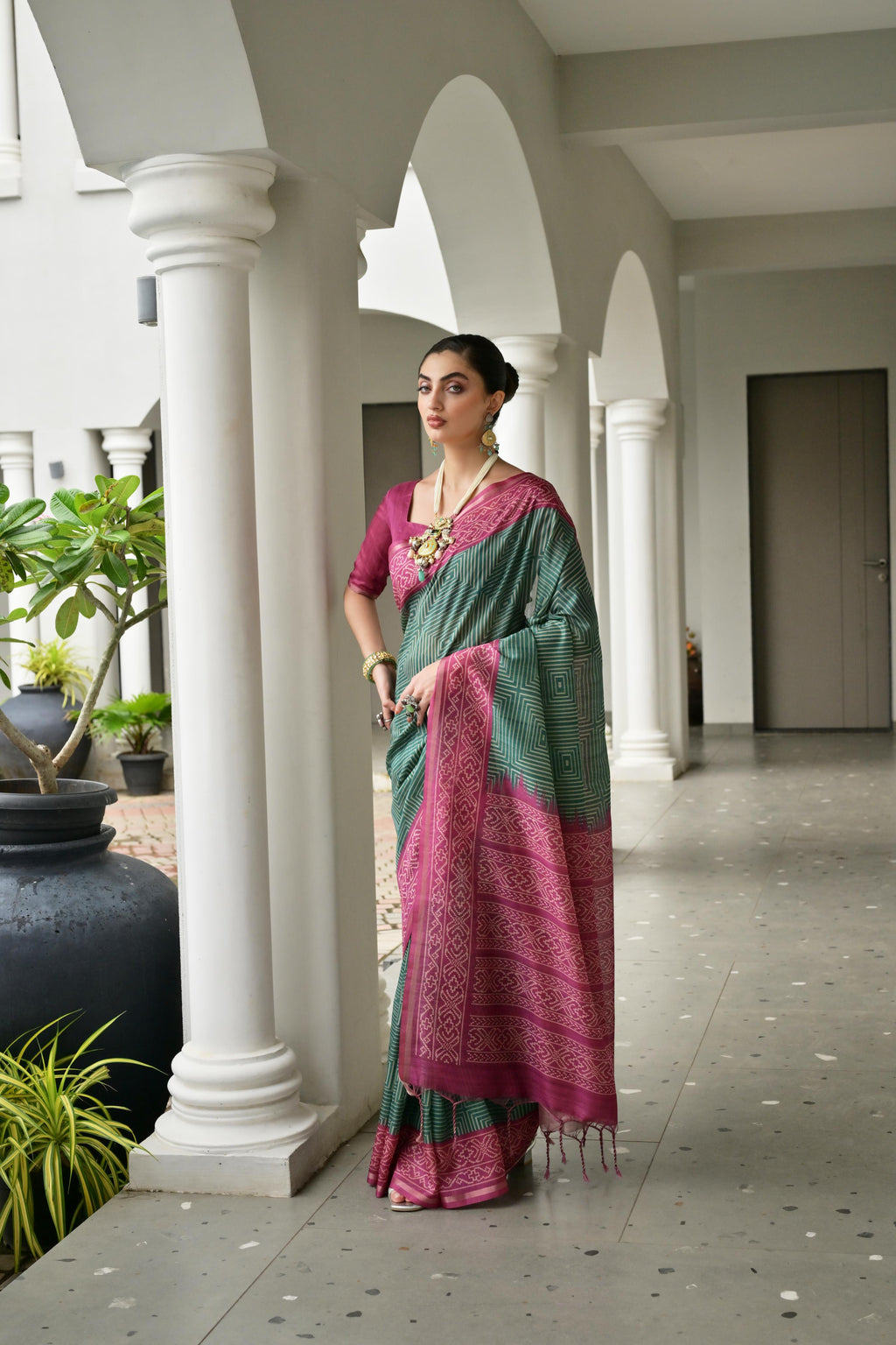 Bottle Green Soft Tussar Silk Ikkat Printed Saree with Blouse