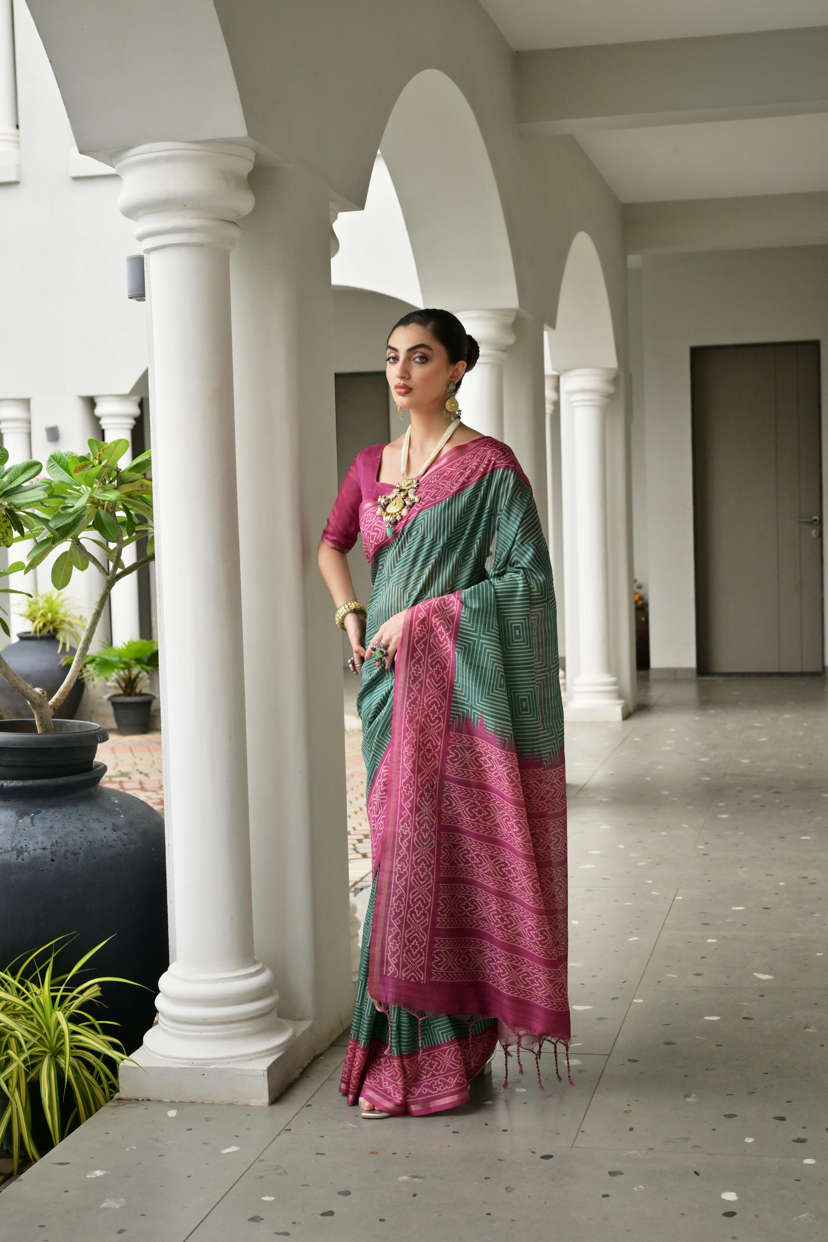 Bottle Green Soft Tussar Silk Ikkat Printed Saree with Blouse