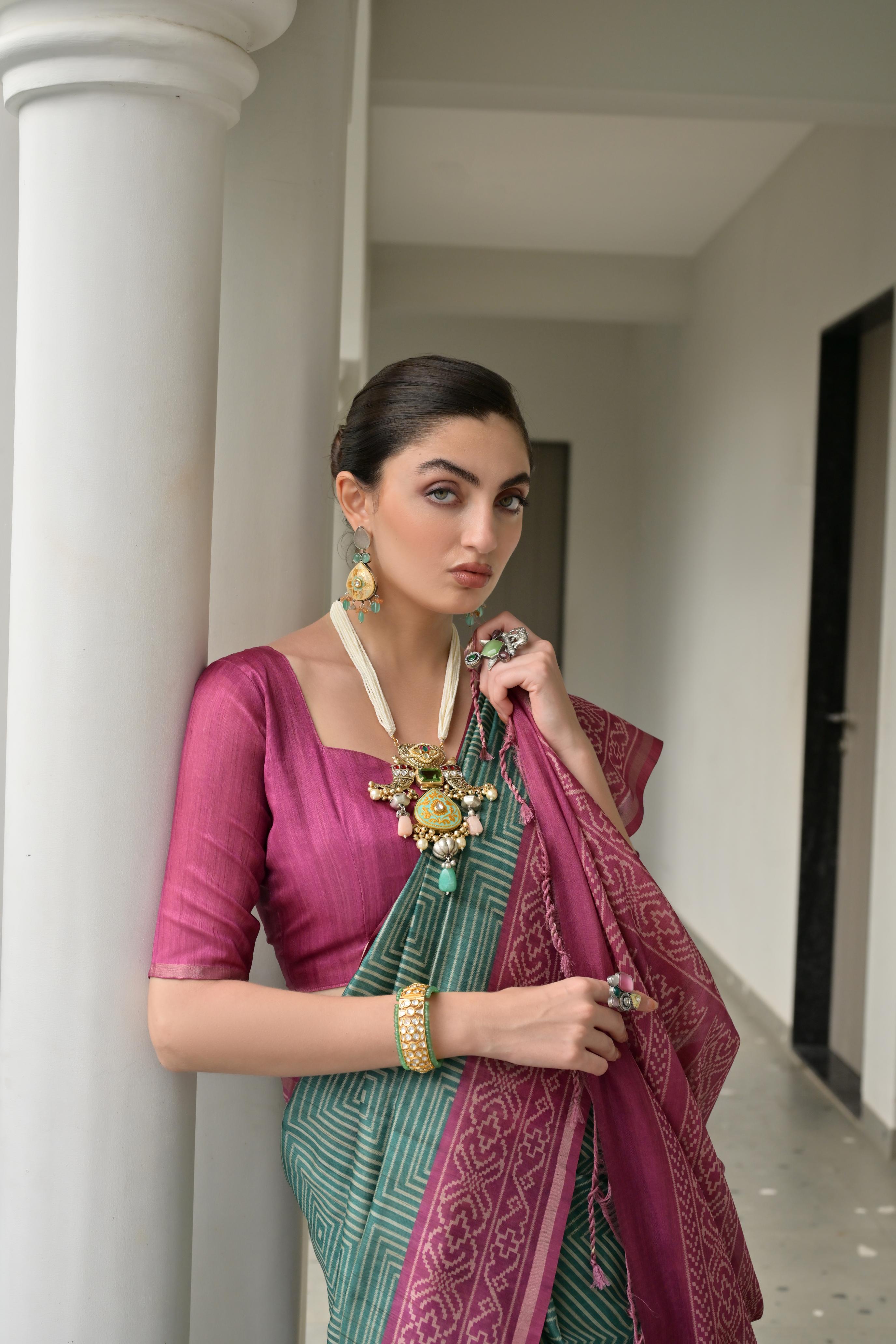 Bottle Green Soft Tussar Silk Ikkat Printed Saree with Blouse