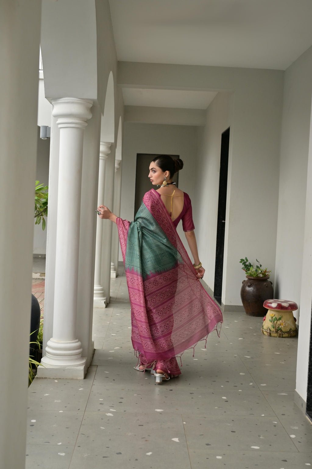 Bottle Green Soft Tussar Silk Ikkat Printed Saree with Blouse