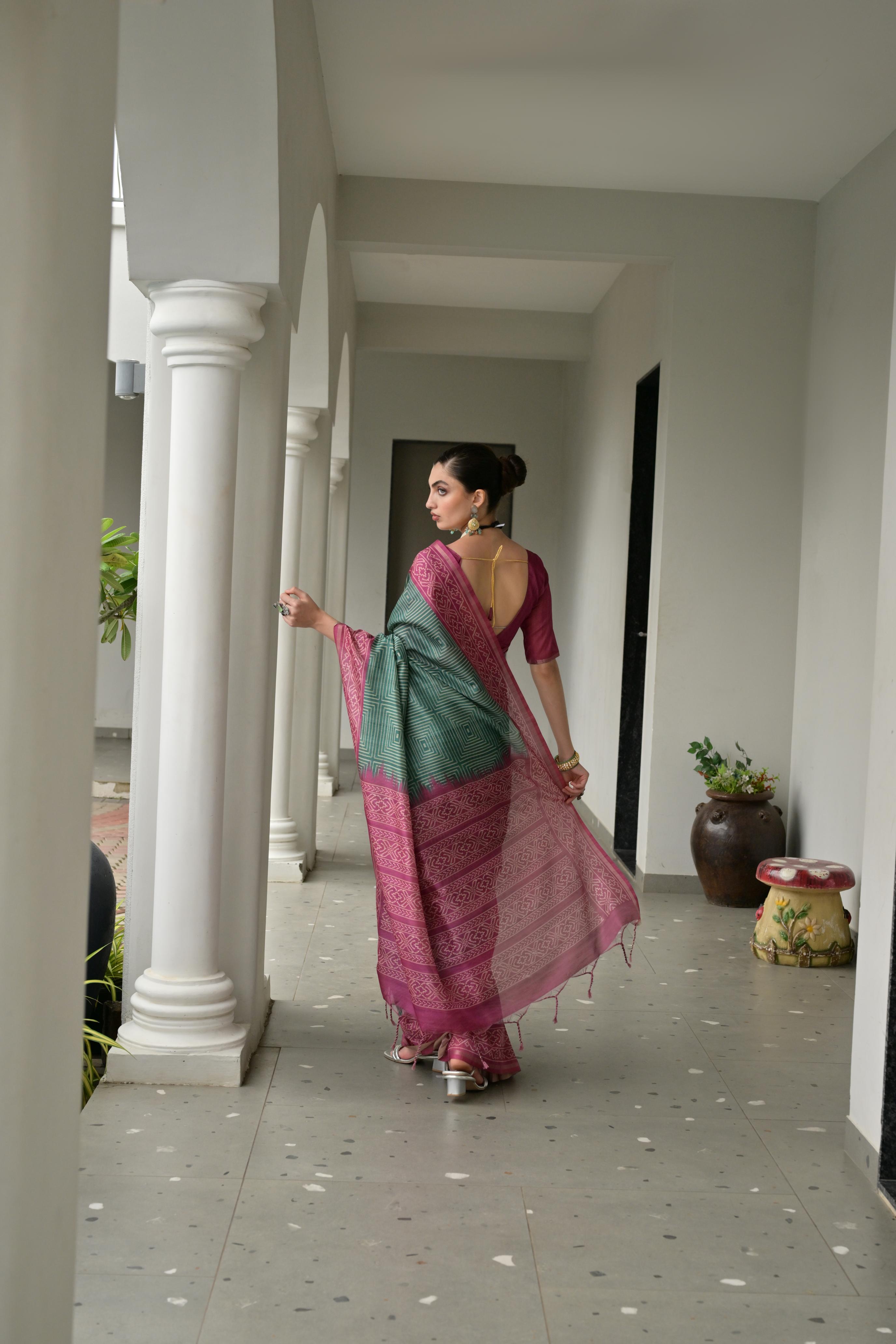 Bottle Green Soft Tussar Silk Ikkat Printed Saree with Blouse