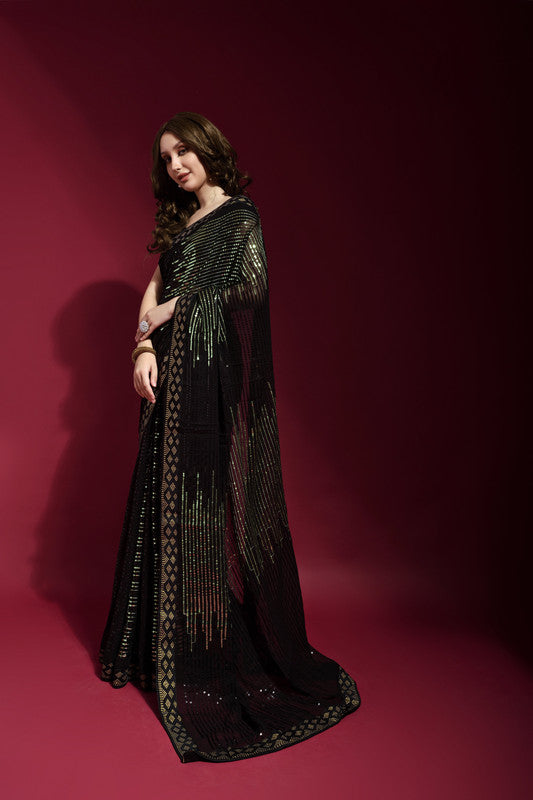 Black Georgette Saree with Intricate Sequence Embroidery and Blouse