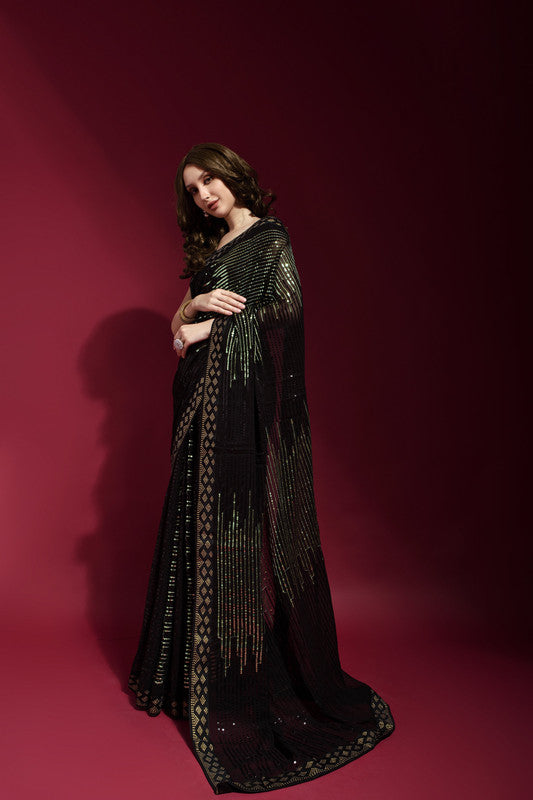 Black Georgette Saree with Intricate Sequence Embroidery and Blouse