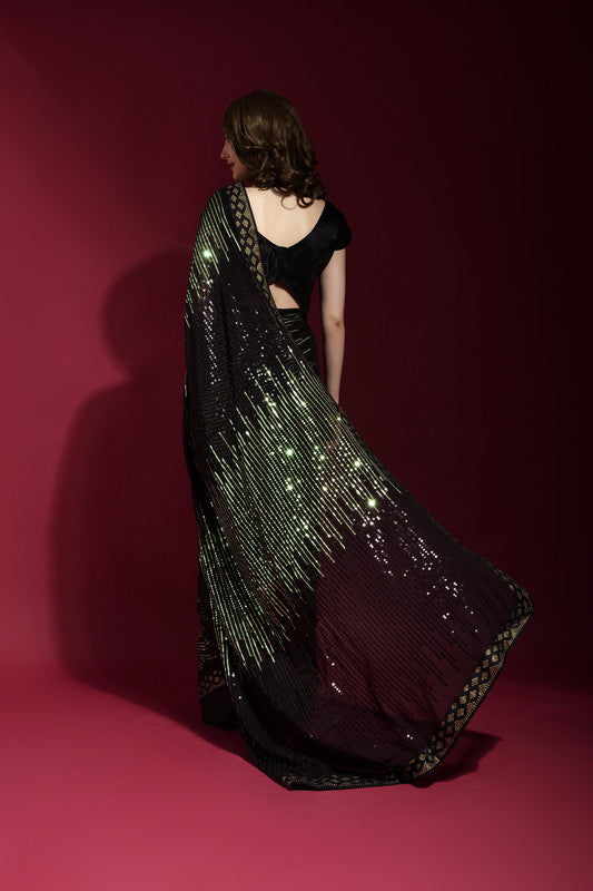 Black Georgette Saree with Intricate Sequence Embroidery and Blouse