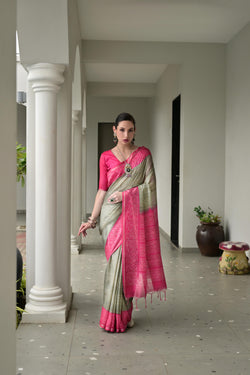 Pista Green soft Tussar silk saree with Ikkat print patterns and matching blouse fabric