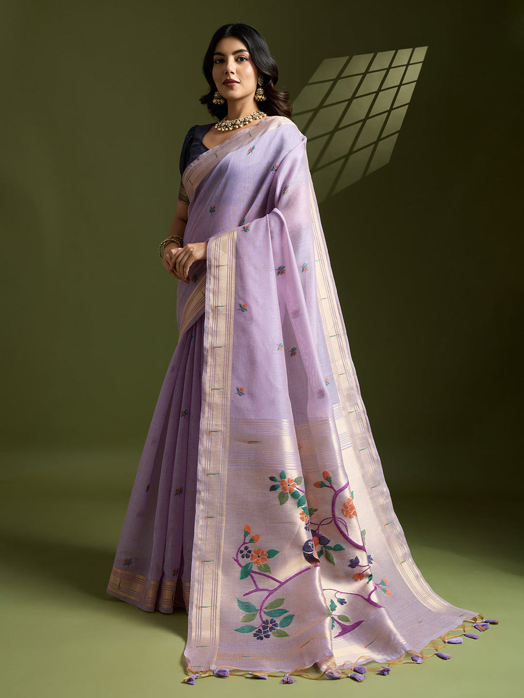 Purple Soft Muga Cotton Paithani Saree with Zari Woven Border