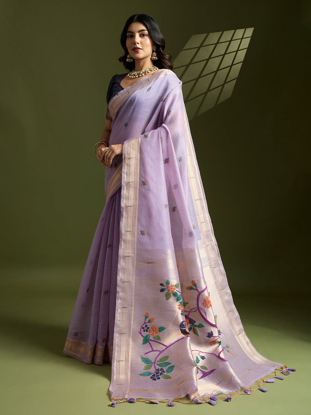 Purple Soft Muga Cotton Paithani Saree with Zari Woven Border