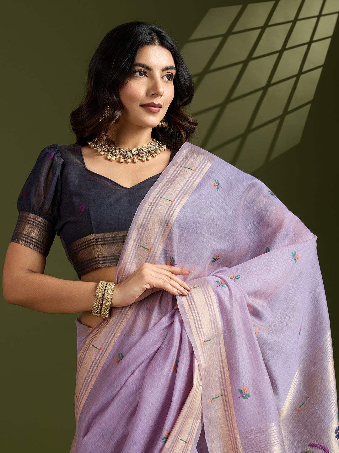 Purple Soft Muga Cotton Paithani Saree with Zari Woven Border
