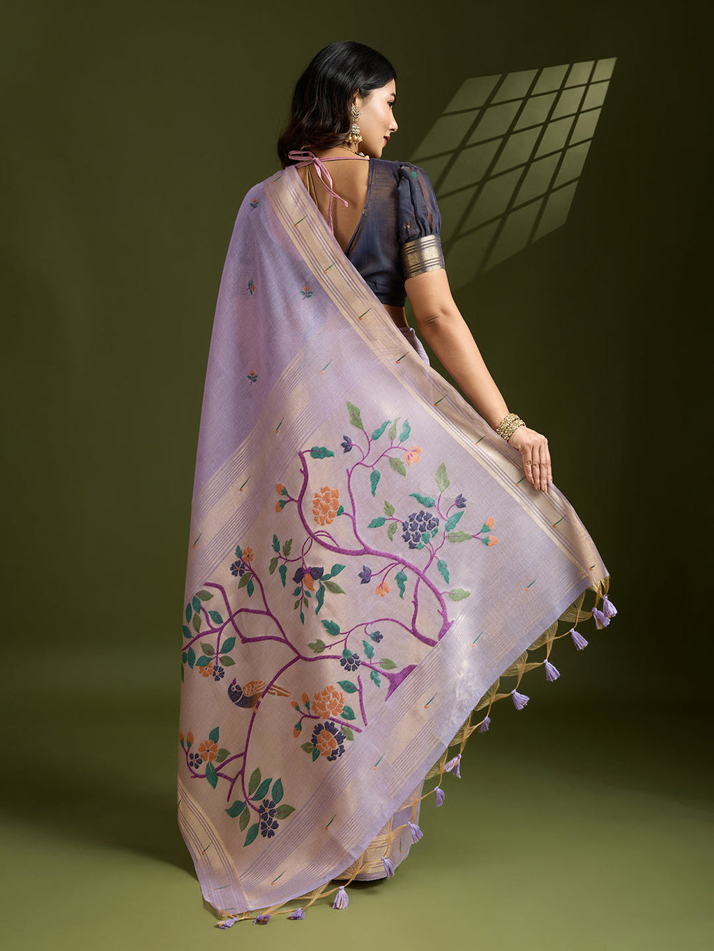 Purple Soft Muga Cotton Paithani Saree with Zari Woven Border