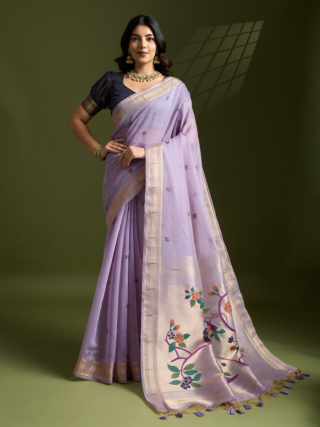 Purple soft Muga cotton Paithani saree with gold zari woven details