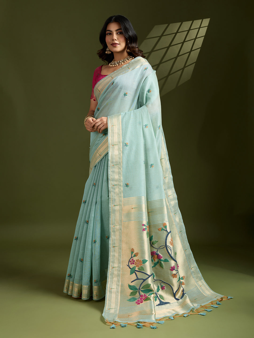 Sky Blue Soft Muga Cotton Paithani Saree with Zari Woven Border