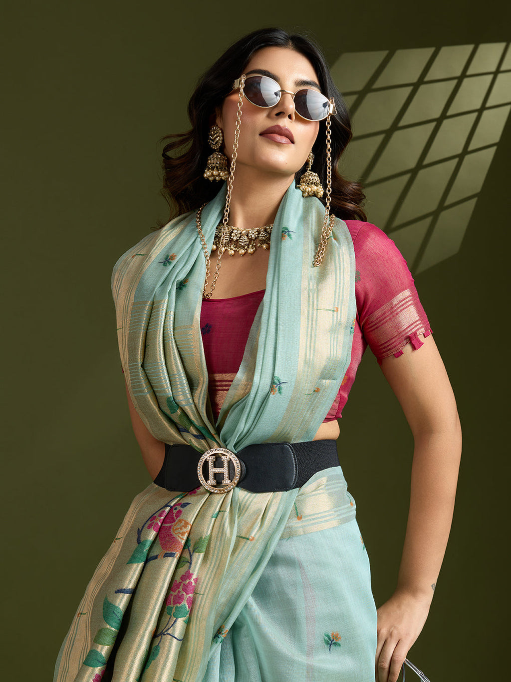 Sky Blue Soft Muga Cotton Paithani Saree with Zari Woven Border