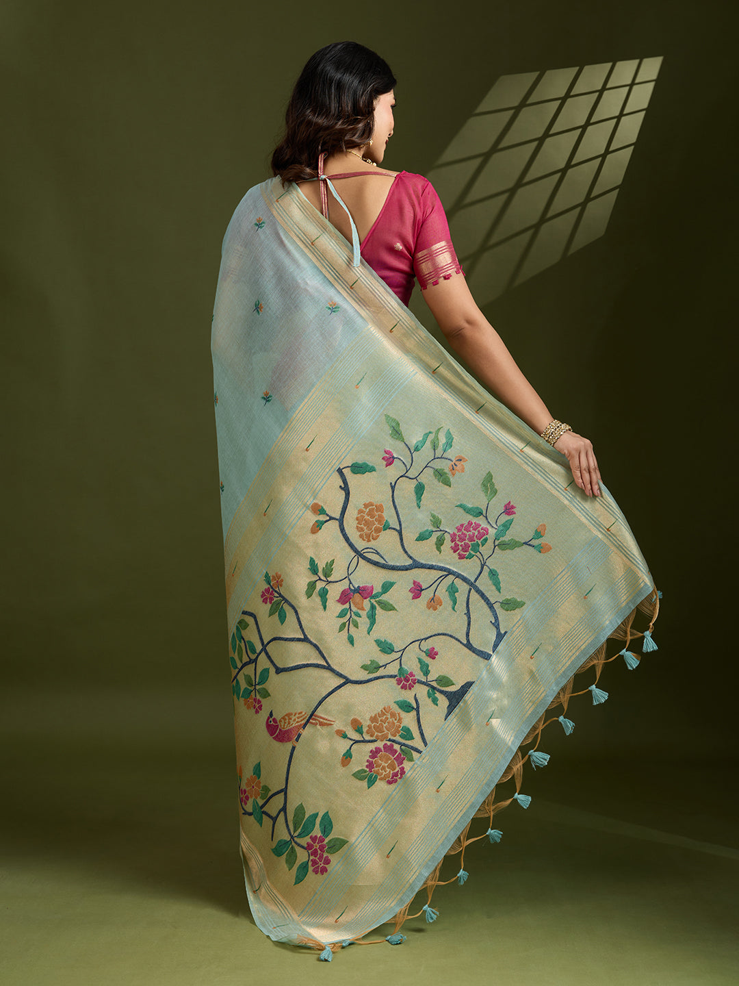 Sky Blue Soft Muga Cotton Paithani Saree with Zari Woven Border