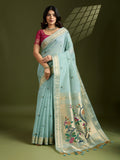 Sky Blue Soft Muga Cotton Paithani Saree with intricate Zari woven details and unstitched blouse piece
