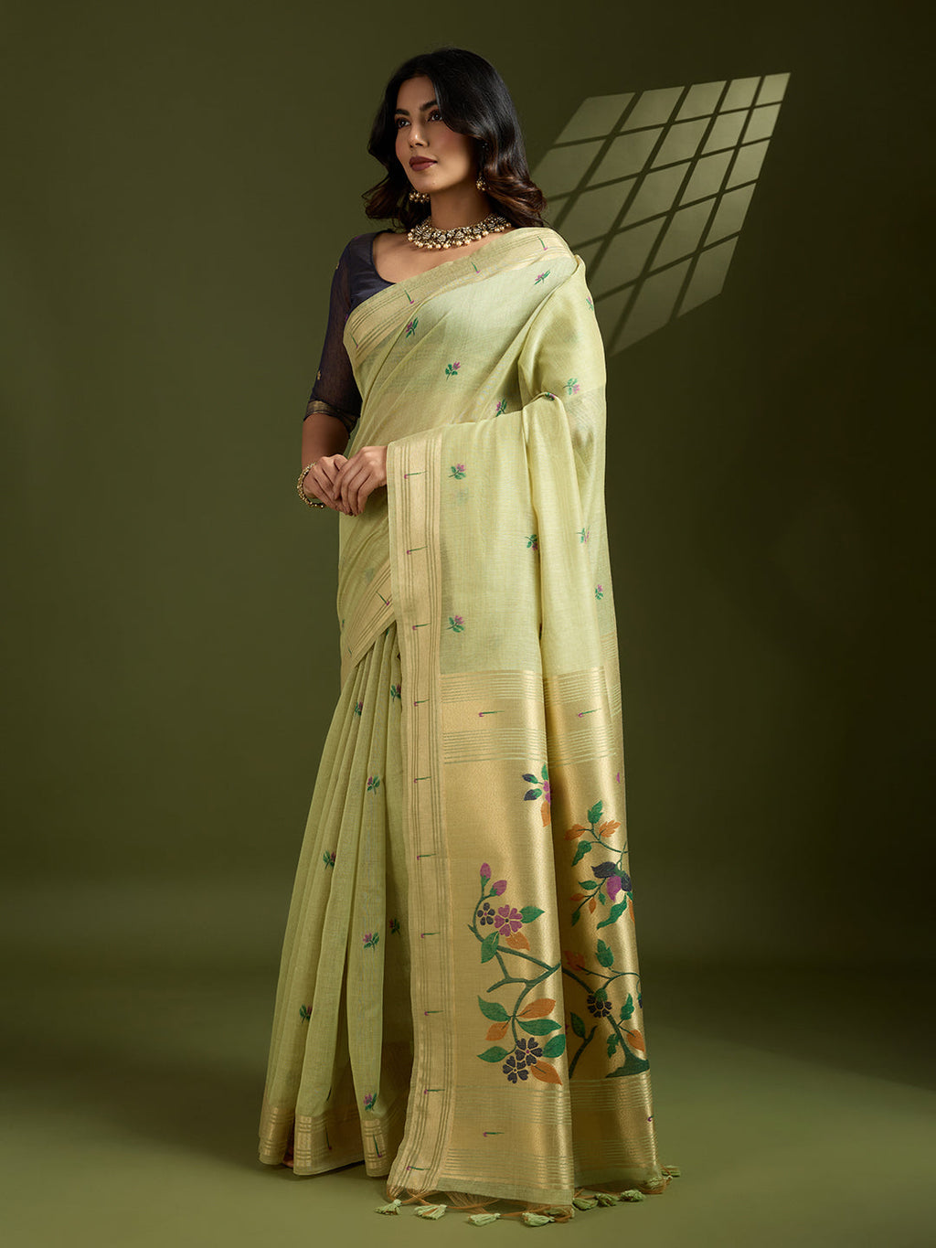 Sea Green Soft Muga Cotton Paithani Saree with Zari Woven Border