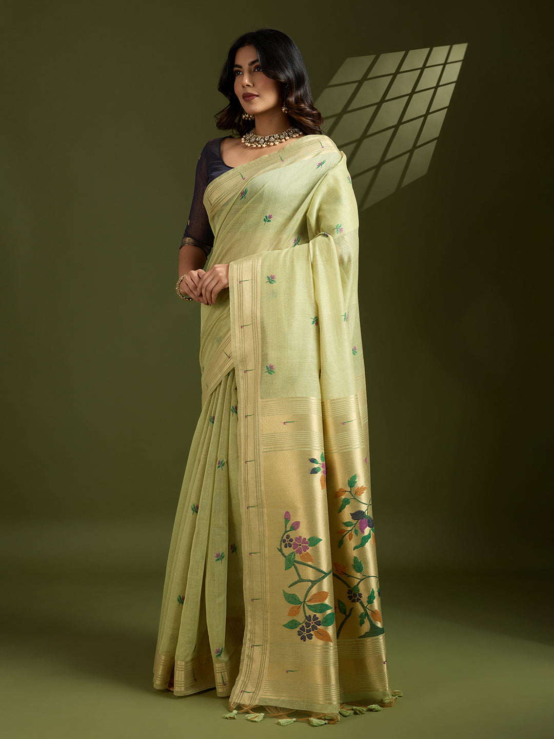 Sea Green Soft Muga Cotton Paithani Saree with Zari Woven Border