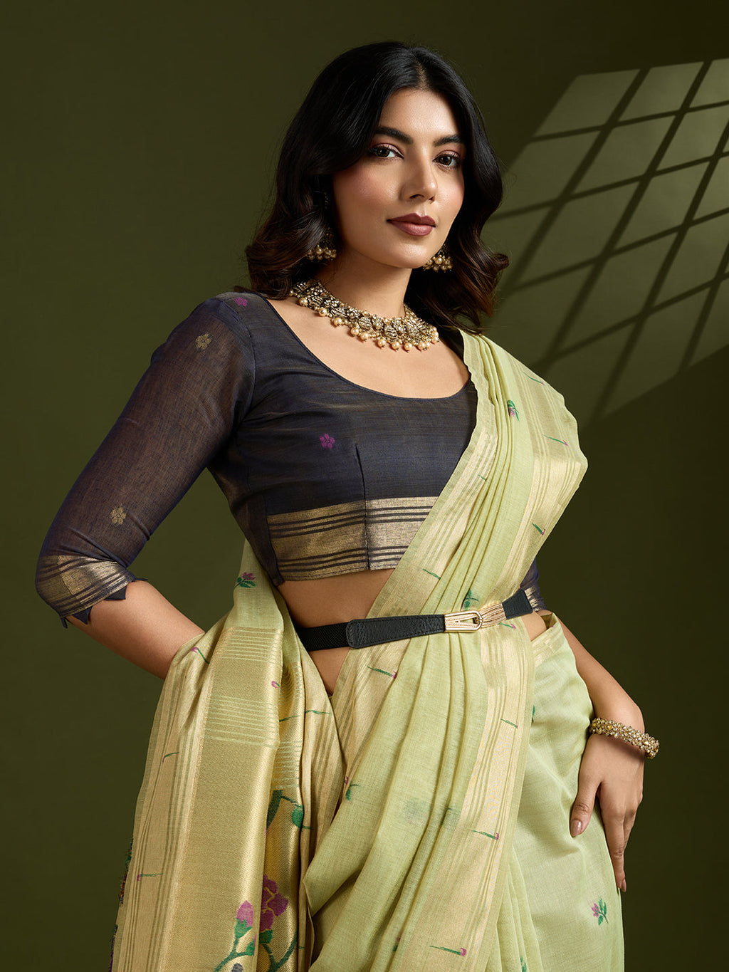Sea Green Soft Muga Cotton Paithani Saree with Zari Woven Border