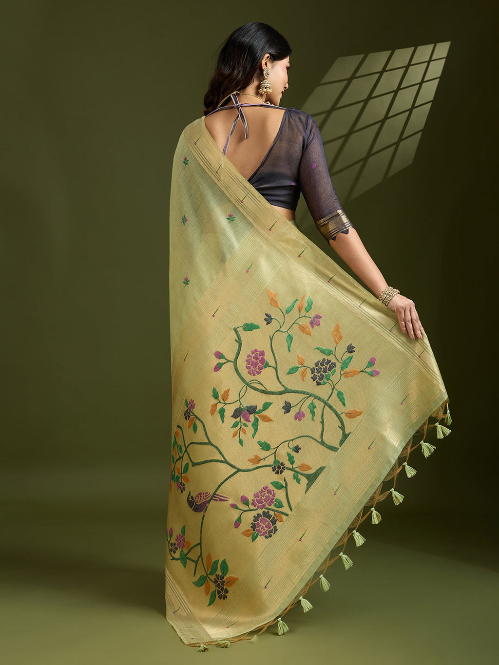 Sea Green Soft Muga Cotton Paithani Saree with Zari Woven Border