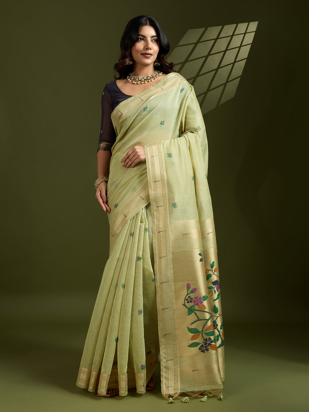 Sea Green soft Muga Cotton Paithani saree with intricate gold Zari woven border