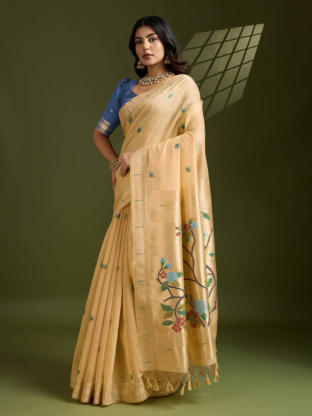 Yellow Muga Cotton Paithani Saree with intricate zari woven border and matching blouse piece.