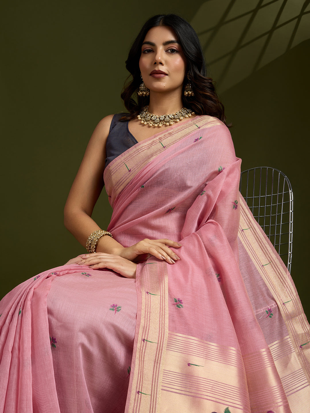 Pink Soft Muga Cotton Paithani Zari Woven Saree with Blouse