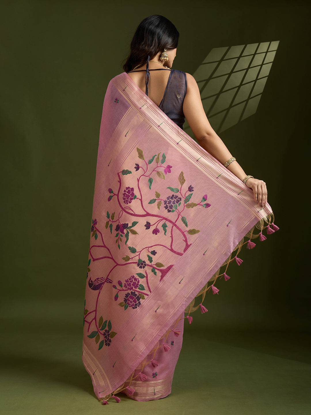 Pink Soft Muga Cotton Paithani Zari Woven Saree with Blouse